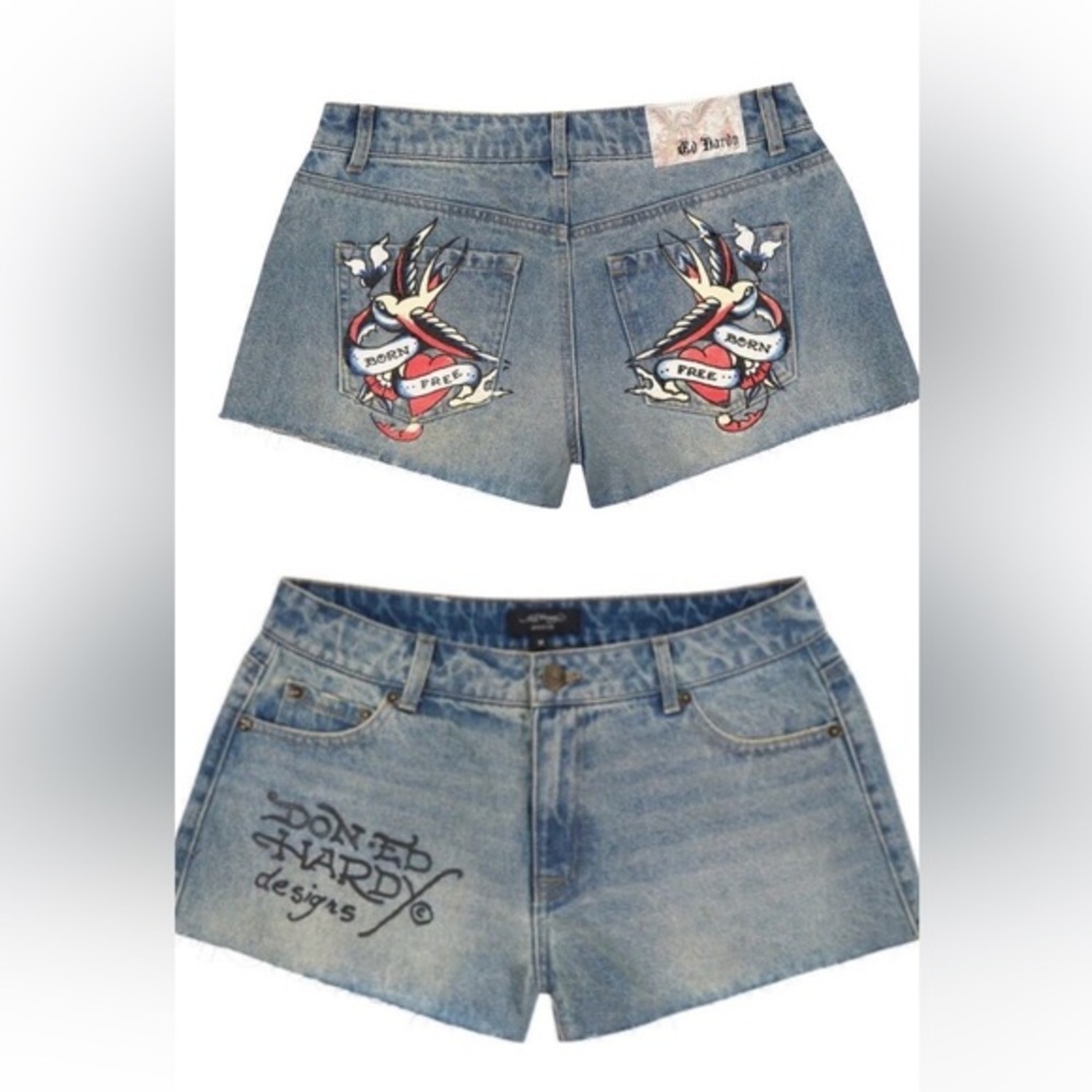 Ed Hardy Swallow Light Tint Denim jeans raw hem‎ cut off Shorts  WEHD8000-5 sz M - Picture 4 of 7
